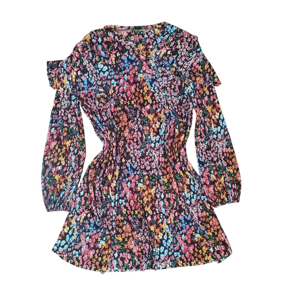 ZARA Floral Mini Dress Long Sleeve Black Multicolor Smocked Waist Flowy Size L